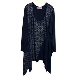 JR Collection What Women Wear Tunic Size 4X Black Silver Glittery Slinky Knit
